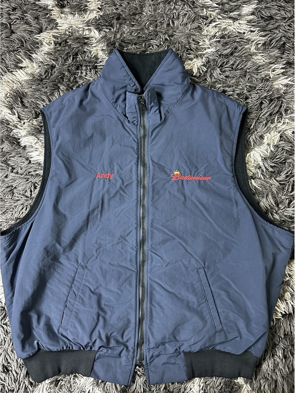 Vintage Riverside Budweiser Fleece Lined Work Vest Navy Blue Andy Mens 2XL USA